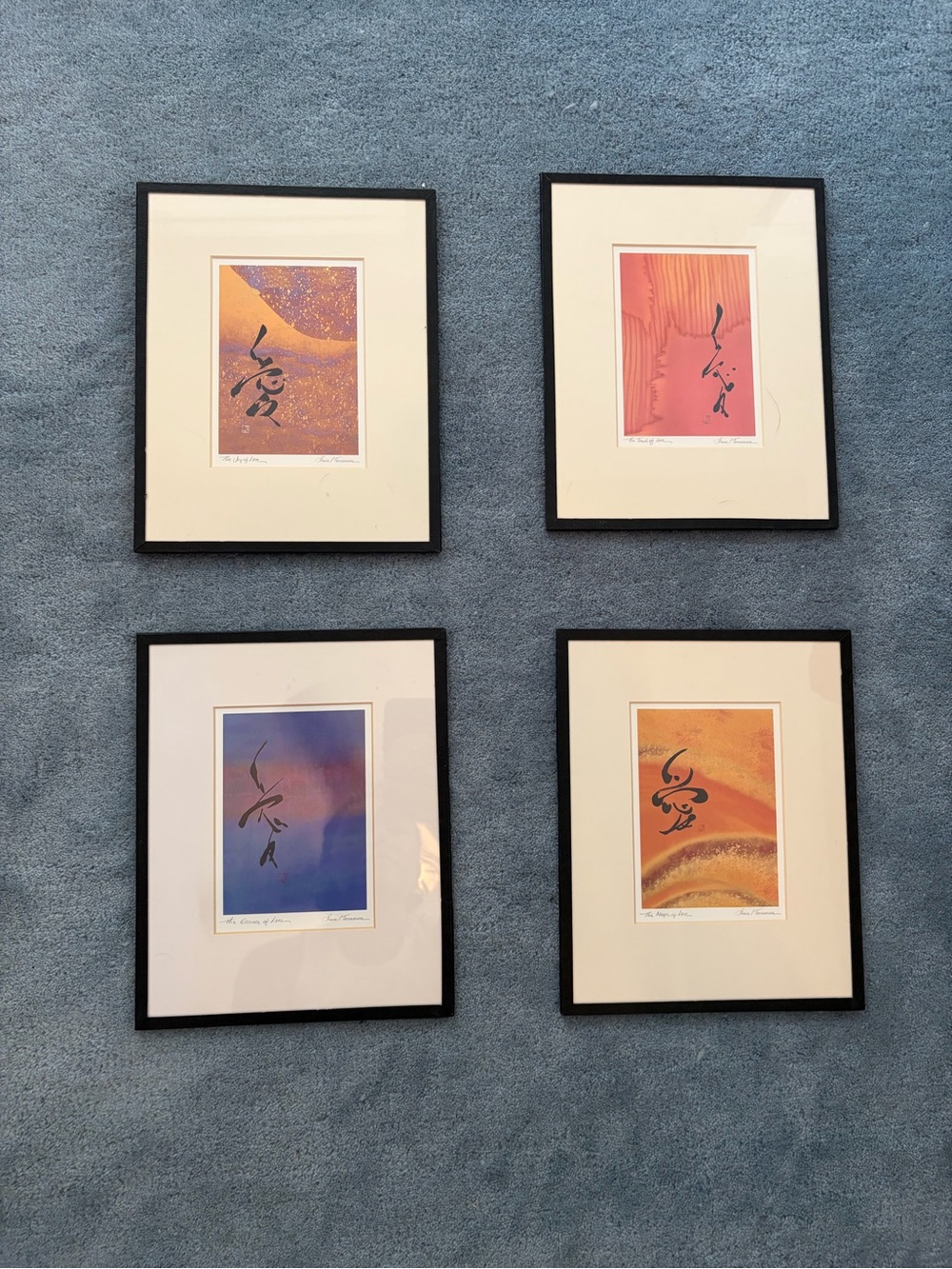 Set of 4 watercolor & Japanese calligraphy art panels by artist Sybil Shane